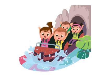 Hız treni. Çocuklar lunaparkta su sıçratarak hız trenine biniyorlar. Çocuklar lunaparkta eğleniyor. Keyifli sürüşler. Neşeli çocuklar.