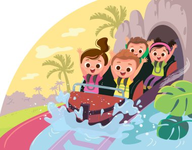 Hız treni. Çocuklar lunaparkta su sıçratarak hız trenine biniyorlar. Çocuklar lunaparkta eğleniyor. Keyifli sürüşler. Neşeli çocuklar.