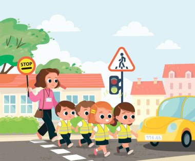 Teacher and school kids cross the street. Children, pupils babysitter, nurse, cross the street by crosswalk. Traffic lights. clipart
