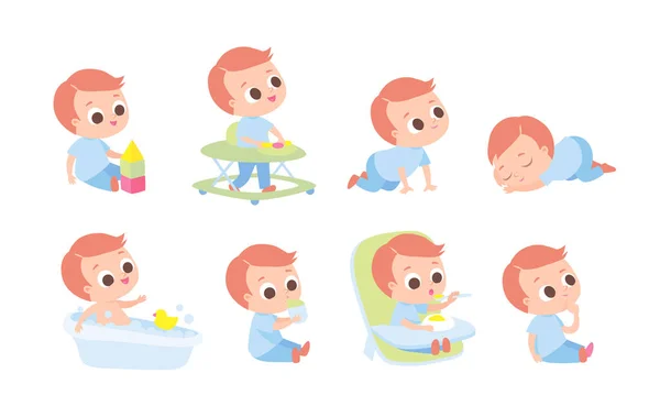 Gran Gran Conjunto Bebés Pequeños Varias Poses Personajes Dibujos Animados — Vector de stock