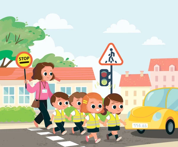 Maestro Los Niños Escuela Cruzan Calle Niños Alumnos Niñera Enfermera — Vector de stock