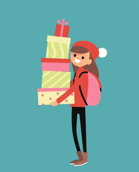 Retrato Menina Jovem Segurando Presentes Natal Ano Novo Caixas Presentes — Vetor de Stock