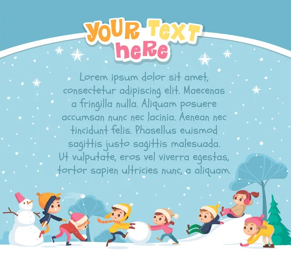 Children building snowman together and having snowball fight in forest during snowfall. Kids jumping, running and throwing a snowball. Kids making a snowballs. — Stock Illustration Children Building Snowman Together Having Snowball Fight Forest Snowfall Kids Royalty Free Stock Vectors