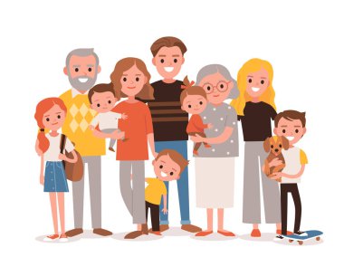 Büyük mutlu, çok nesilli aile kardeş akrabası portresi. Vektör insanlar. Yaşlılar, anne ve babalar, bebekler, torunlar ve büyükanne ve büyükbabalar. Büyükanne, büyükbaba, baba.