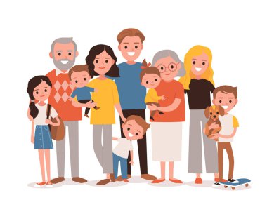 Büyük mutlu, çok nesilli aile kardeş akrabası portresi. Vektör insanlar. Yaşlılar, anne ve babalar, bebekler, torunlar ve büyükanne ve büyükbabalar. Büyükanne, büyükbaba, baba.