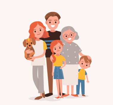 Büyük mutlu, çok nesilli aile kardeş akrabası portresi. Vektör insanlar. Yaşlılar, anne ve babalar, bebekler, torunlar ve büyükanne ve büyükbabalar. Büyükanne anne baba..