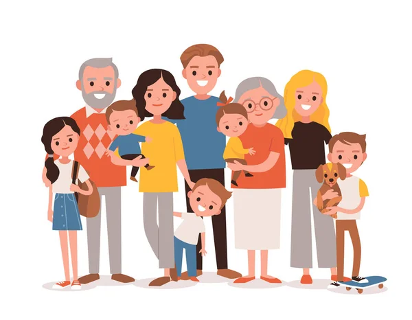 Gran Feliz Familia Multi Generacional Hermanos Familiares Retrato Gente Vectorial — Vector de stock