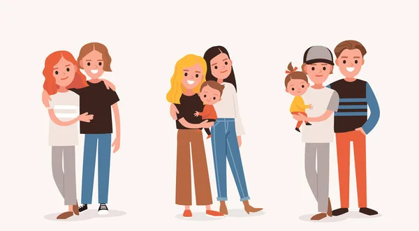 Mutlu Çocuklu Lezbiyen Aile Bebekli Eşcinsel Bir Çift Karı Koca — Stok Vektör