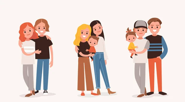 Feliz Familia Lésbica Con Niño Pareja Gay Con Bebé Esposa — Vector de stock