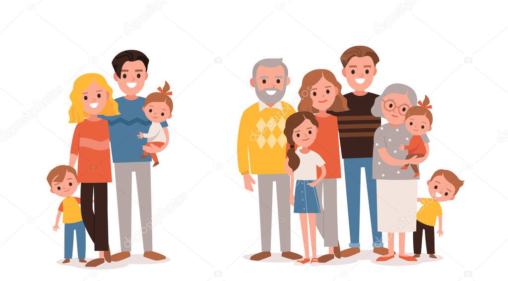 Families portraits set. Big happy multi-generational family siblings relatives portrait. Vector people. Seniors mother and father with babies, children grandchildrens and grandparents. Grandma grandpa