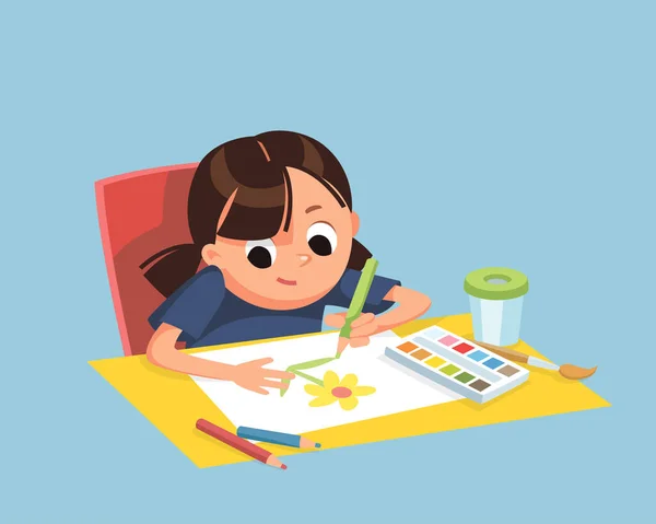 Małe Dziecko Dziewczynka Rysunek Obraz Ołówkami Akwarela Siedzi Przy Stole — Wektor stockowy