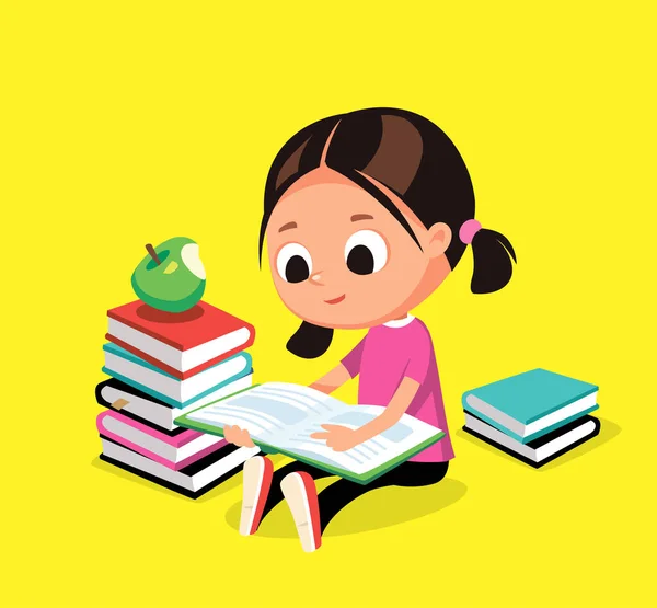 Niña Está Leyendo Libro Soñando Sentada Suelo Junto Montón Libros — Vector de stock