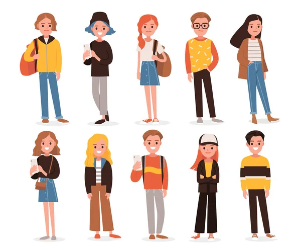 Big Set Grupo Personagens Desenhos Animados Planas Diversas Pessoas Adolescentes — Vetor de Stock