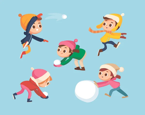 Children playing snowball fight and having funt. Little boy jumping and throwing a snowball. Kids making a snowballs. — Stock Illustration Children Playing Snowball Fight Having Funt Little Boy Jumping Throwing Stock Vector