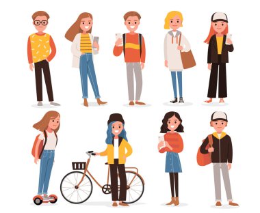 Değişik düz çizgi film karakterlerinden oluşan büyük bir grup farklı pozlardaki gençler beyaz arka planda tek başlarına duruyorlar. Kalabalık insanlar. Giyinik kadın erkekler. Vektör.