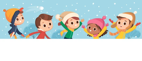 Children having fun goofing around outdoors and having snowball fight during snowfall. Winter background. Kids jumping, running and throwing a snowball. — Stock Illustration Children Having Fun Goofing Outdoors Having Snowball Fight Snowfall Winter Stock Illustration