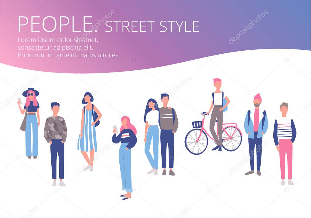 Big set group of diverse flat cartoon characters modern looking people teenagers in different poses standing together isolated on white background. Crowd people. Casualy looking dressed men women.