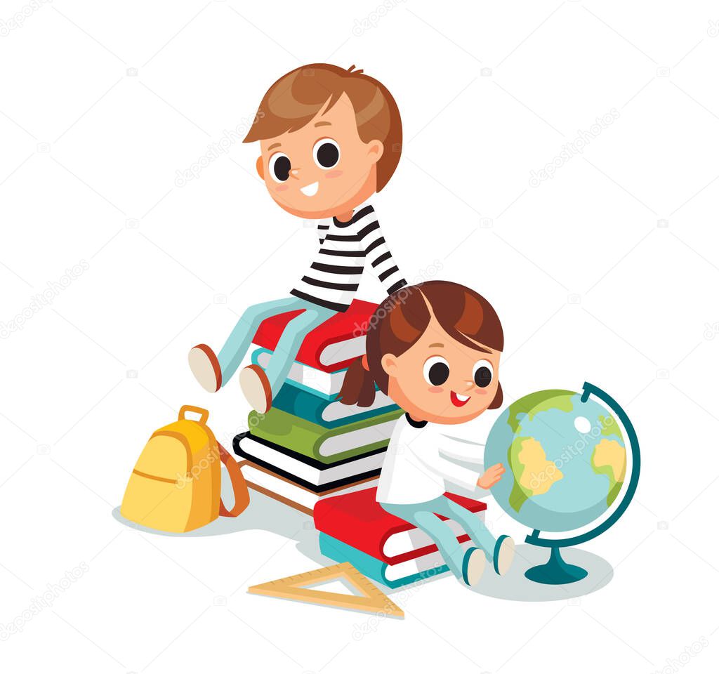 Back to school. Kids boy sitting on piles of books. Little girl looking at the globe. Scholar freshman sophomore having rest after doing study learning.