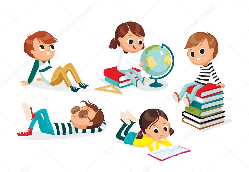 Pupils. Children scholar freshman sophomore having rest after doing study learning. School, childhood, friends. Books, globe. Vector illustration. Flat design.