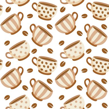 Kusursuz desenli, süs ve kahve çekirdekli klasik kahve fincanları. Arkaplan, yazdırma, vektör