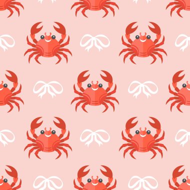 Pembe arka planda sevimli yengeç ve yay desenleri. Yaz mevsiminde sürekli deniz ürünleri. Akdeniz kıyı tasarımı arka planı.