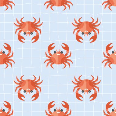 Yumuşak bir arka planda yengeçleri olan kusursuz bir desen. Yaz mevsiminde sürekli deniz ürünleri. Akdeniz kıyı tasarımı arka planı.