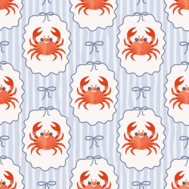 Mavi ve beyaz dalgalı çizgilerde yengeç ve fiyonklu kusursuz desen. Yaz mevsiminde sürekli deniz ürünleri. Akdeniz kıyı tasarımı arka planı.