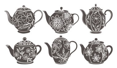 Beyaz arka planda çiçek süsü olan çaydanlık siluetleri. El çizimi illüstrasyon.