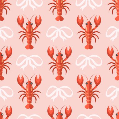Pembe arka planda ıstakoz ve fiyonklu kusursuz desen. Yaz mevsiminde sürekli deniz ürünleri. Akdeniz kıyı tasarımı arka planı.