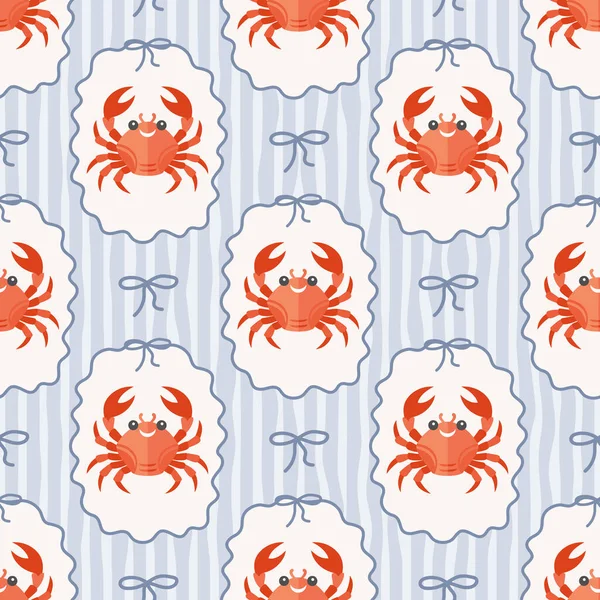 Mavi ve beyaz dalgalı çizgilerde yengeç ve fiyonklu kusursuz desen. Yaz mevsiminde sürekli deniz ürünleri. Akdeniz kıyı tasarımı arka planı.