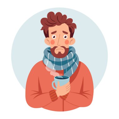 Sıcak çay içen hasta bir adam. Hastalık, hastalık, soğuk algınlığı, grip, ateş. Görüntü.