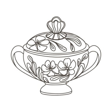 Zarif çiçekli şeker kasesi. Çiçek süslemeli seramik şeker kasesi. Görüntü.