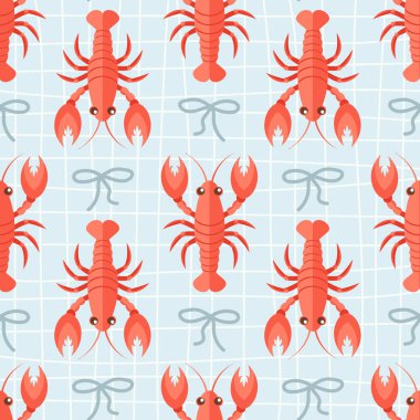 Istakoz ve yay pürüzsüz desen. Yaz mevsiminde sürekli deniz ürünleri. Akdeniz kıyı tasarımı arka planı.