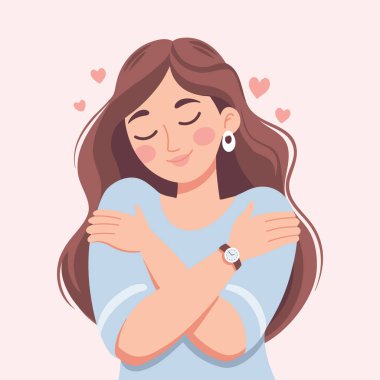 Gözleri kapalı, kendine sarılan genç bir kadın. Kendini sevme kavramı. Kendini sev. Sevimli illüstrasyon.