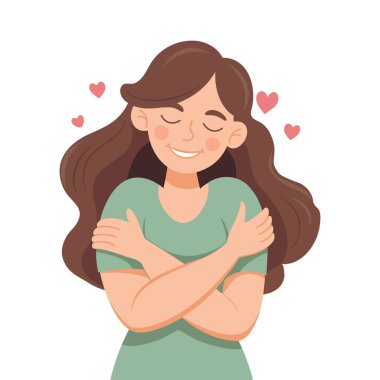 Gözleri kapalı, kendine sarılan genç bir kadın. Kendini sevme kavramı. Kendini sev. Sevimli illüstrasyon.