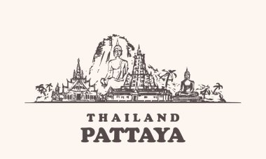 Pattaya manzarası, Tayland vintage vektör çizim, el çekilmiş binalar