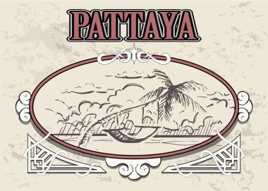 Hamak Pattaya Tayland ile palmiye ağacı. Pattaya beach elle çizilmiş.