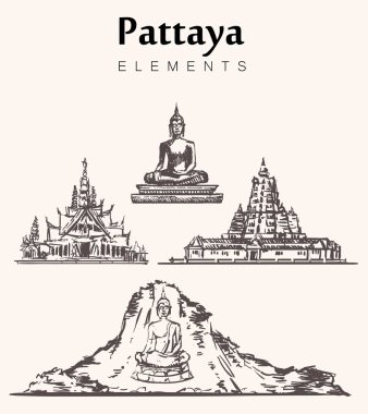 Pattaya binalar çizilmiş kümesi. Pattaya öğeleri vektör çizim kroki.