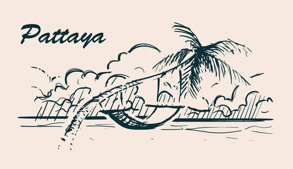 Palmeira com rede em Pattaya praia mão desenhada esboço ilustração —  Vetores de Stock