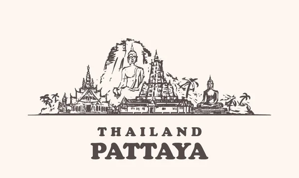 Skyline de Pattaya, Tailândia ilustração do vetor vintage, edifícios desenhados à mão — Vetor de Stock