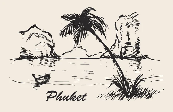 Phuket ostrov Thajska beach ručně kreslenou skica ilustrační. — Stockový vektor