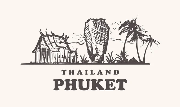 Phuket skyline, Tailândia vintage vetor ilustração mão desenhada —  Vetores de Stock