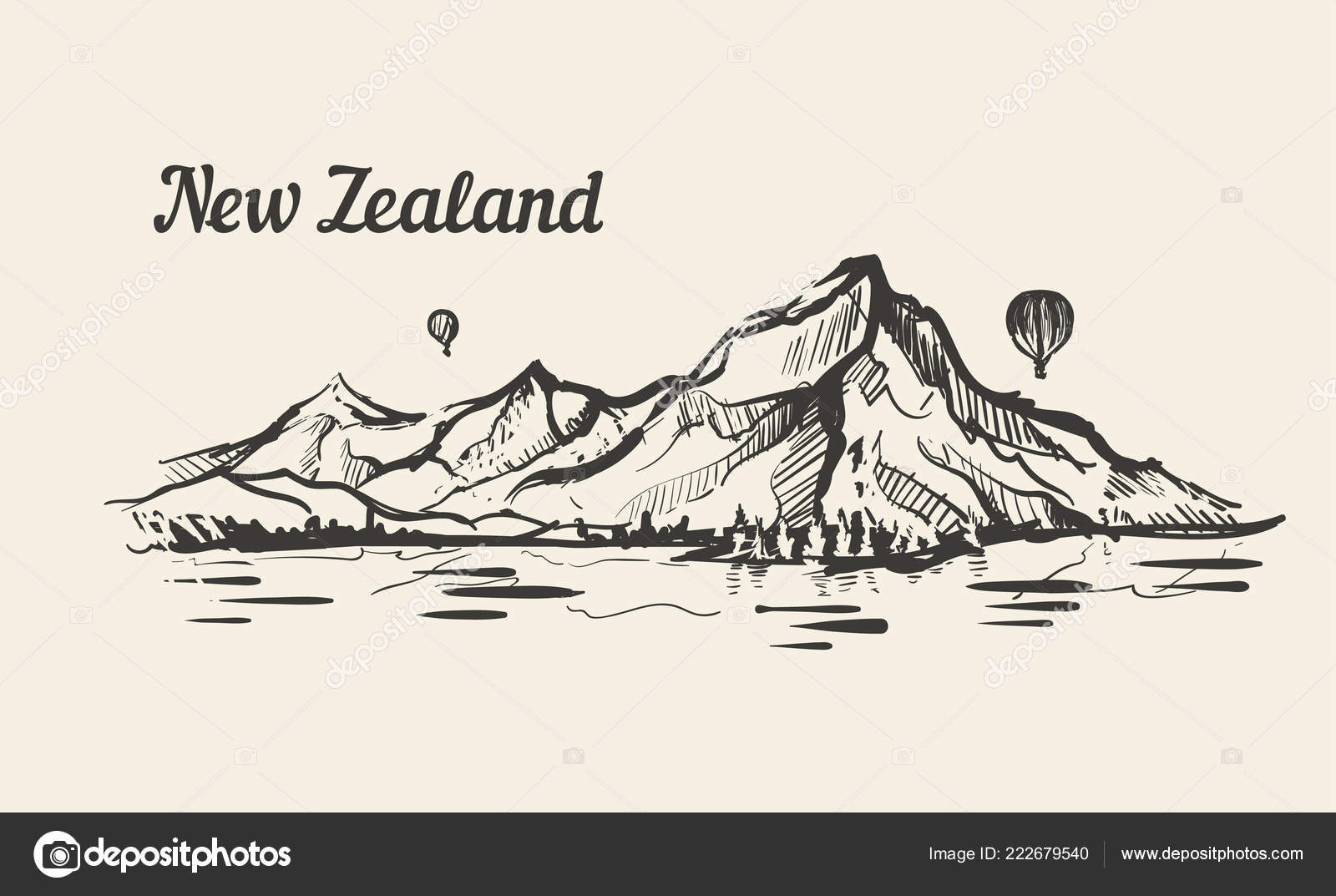 New Zealand Mountain Lake Valley Hand Drawn Sketch Illustration Vector Image By C Nakonecodin Vector Stock