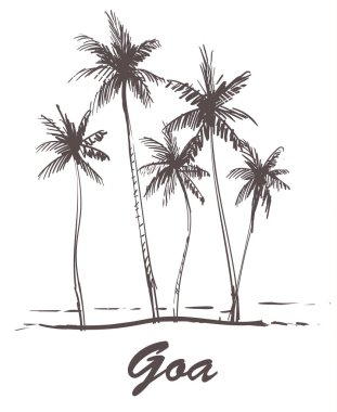 Elle çizilmiş palm beach, Goa sketch vektör çizim. Beyaz arka plan üzerinde izole.