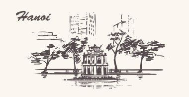Hanoi el çizilmiş kroki. Hoan Kiem Gölü vintage vektör çizim.