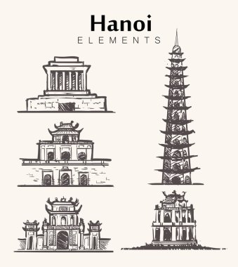Hanoi binalar çizilmiş kümesi. Hanoi sketch vektör çizim. Hoan Kiem Gölü, İmparator Tu Duc, Chua Thien M, Ho Chi Minh Mausoleum, Hanoi Kalesi, mor Yasak Şehir Tu Cam Thanh Türbesi.