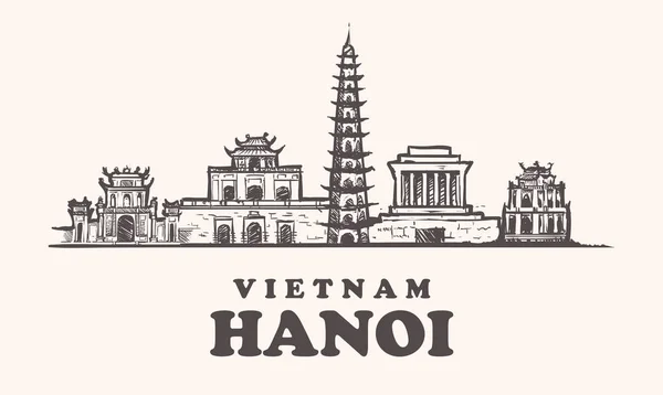 Hanoi Manzarası Vietnam Vintage Vektör Çizim Hanoi Şehir Beyaz Zemin — Stok Vektör