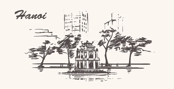 Hanoi el çizilmiş kroki. Hoan Kiem Gölü vintage vektör çizim.