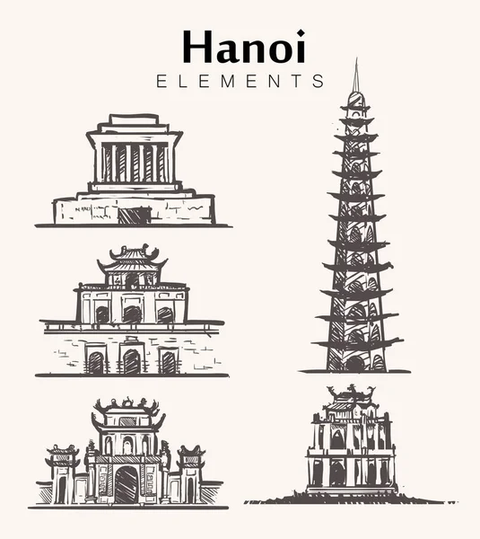 Set Hand Drawn Hanoi Buildings Hanoi Sketch Vector Illustration Hoan — Stock Vector