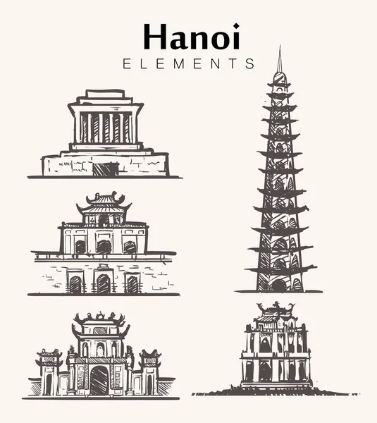 Hanoi binalar çizilmiş kümesi. Hanoi sketch vektör çizim. Hoan Kiem Gölü, İmparator Tu Duc, Chua Thien M, Ho Chi Minh Mausoleum, Hanoi Kalesi, mor Yasak Şehir Tu Cam Thanh Türbesi.